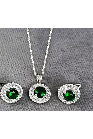 Lilahgümüştr Gümüş Yeşil Taşlı Yuvarlak Kadın Kolye Küpe