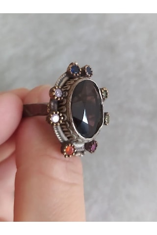 925 Gümüş Dumanlı Kuvars Yüzük 288 Siyah - Beyaz