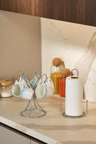 Edora Home 2'li Gümüş Mutfak Organizer Seti, Misketli Kağıt Havluluk Ve 6 Kancalı Bardaklık - Metal Paslanmaz