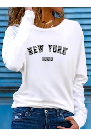 Kadın Uzun Kollu Bisiklet Yaka Yazı Baskılı Viskon Bluz Beyaz