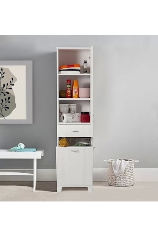 Banyo Ve Mutfak Boy Dolabı Çamaşır Sepetli Beyaz Çok Renkli