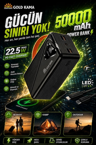 50000 Mah Powerbank 22.5w Hızlı Şarj Pd Taşınabilir Güç Kaynağı Dijital Göstergeli Led Işıklı Siyah
