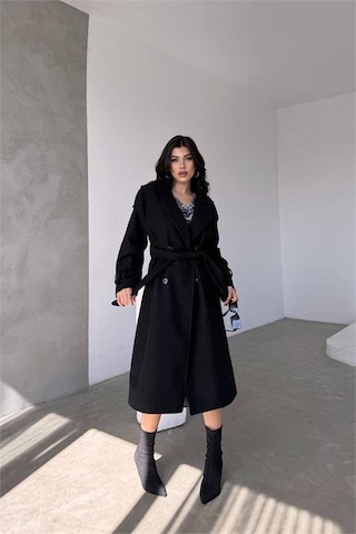 Neşeli Butik Kadın Siyah İthal Kumaş Kaşe Kaban Nbmylk26 Siyah