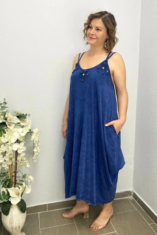 Mia Butik Büyük Beden Lacivert Pamuklu Şalvar Kesim Çiçekli Elbise Lacivert