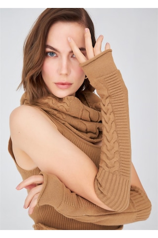 Peraluna Saç Örgü Desenli Uzun Kadın Triko Eldiven Camel Camel-Standart Camel