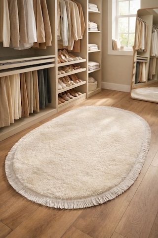 Melena Carpet Lüks Peluş Oval Yolluk Kaymaz Taban Ultra Yumuşak Modern Banyo Ve Salon Halısı Beyaz