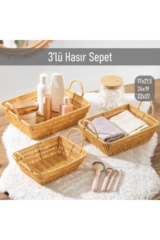 Porsima 301b 3lü Düzenleyici Dikdörtgen Hasır Sepet Seti Ekmeklik