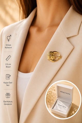 Atatürk Ay Yıldız Gold Renk Rozet Unisex Yaka Aksesuarı Gri