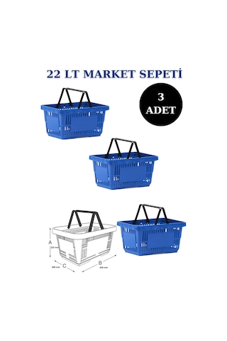 3 adet 22Litre Market ve Alışveriş Sepeti, Saplı Market Sepeti M