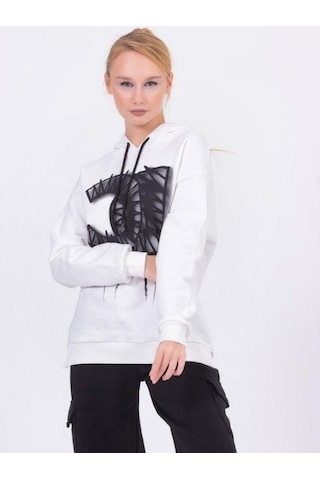 Kız Çocuk Pamuklu Kapüşonlu Baskılı Sweatshirt-13425-beyaz Beyaz