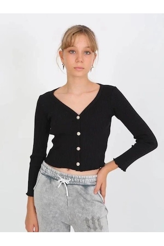 Kız Çocuk Kaşkorse Taşlı Düğmeli Hırka-14807 Siyah