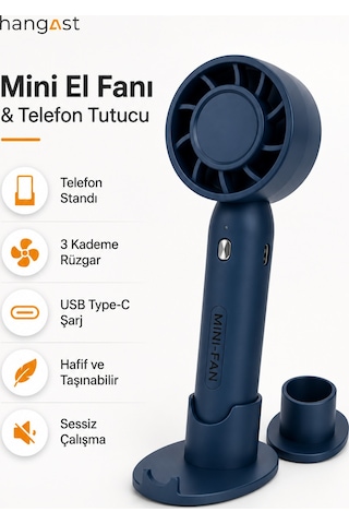 Mini El Fanı Telefon Tutuculu Şarjlı Usb Type-c Taşınabilir Masaüstü El Vantilatörü 3 Kademeli Sessiz Soğutucu Standlı Mavi