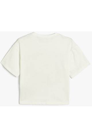 Koton Stitch Crop Tişört Lisanslı Kısa Kollu Bisiklet Yaka Pamuklu Ekru 4skg10400ak Ekru