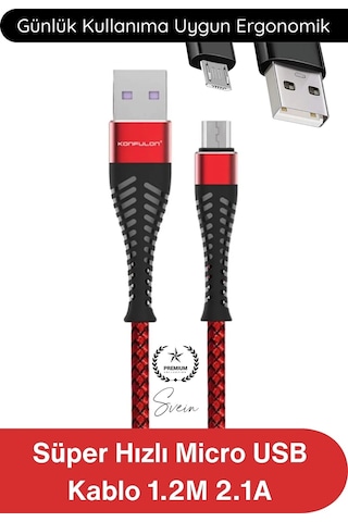 Şarjkablo Süper Hızlı Destekleyici S61 Micro Usb Kablo 1.2m 2.1a Hızlı Şarj Veri Aktarım Naylon Örg Kırmızı