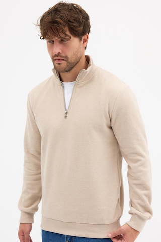 Mmetalic Erkek Bej Standart Fit Normal Kesim Pamuklu Yarım Fermuarlı Dik Yaka Pamuklu Sweatshirt Bej