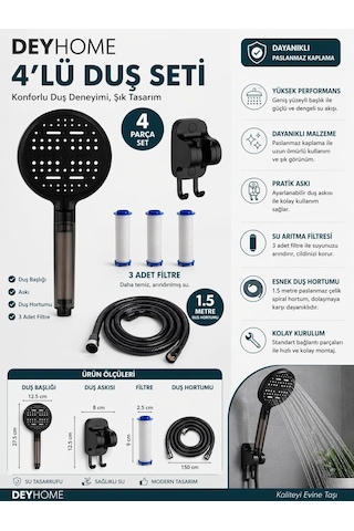 4'lü Set 6 Fonksiyonlu Filtreli Duş Başlığı +3 Adet Yedek Filtre+ 150 Cm Duş Hortumu + Siyah Yapışkanlı Askı Çok Renkli