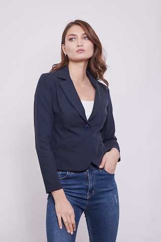 Yakalı Flato Cepli Uzun Kol Pamuklu Kumaş Kısa Blazer Ofis Ceket-lacivert Lacivert