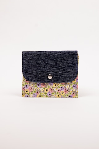 Fabric Craft Bag Kadın Cüzdan Denim Detaylı Çiçek Desenli Çıtçıtlı 15x12 Cm Lacivert - Sarı