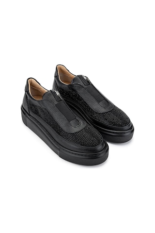 Tamer Tanca Kadın Hakiki Deri Siyah Sneakers & Spor Ayakkabı 937 5022-156 Bn Ayk Sk24-25 Syh Fltr/syh Tas Siyah Taşlı Siyah