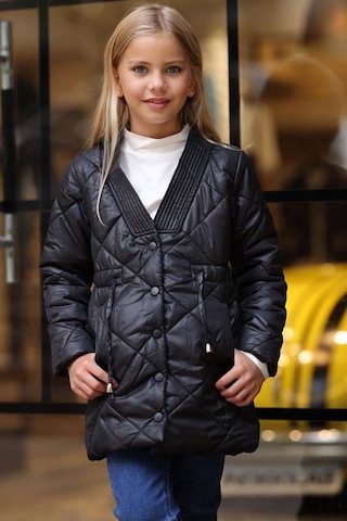 Riccotarz Kız Çocuk Yakası Şerit Ve Üzeri Kare Dikiş Detaylı Cepli Çıtçıt Düğme Şişme Siyah Mont Siyah