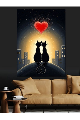 Ahşap Tablo İki Kedi Kalp Sevgisi Aşk Ve Şehir Çocuk Odası Tabloları