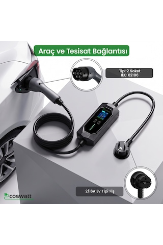Coswatt Taşınabilir EV Şarj Cihazı CS-P1-16A / 3.5kW / 8m / Türkçe / 220V AC / Tip-2 / 2x16A Ev Tipi Fiş / Çanta