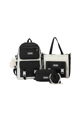 Fengdong 5 Adet/takım Öğrenci Okul Çantası Siyah Beyaz Moda Okul Açık Vizon