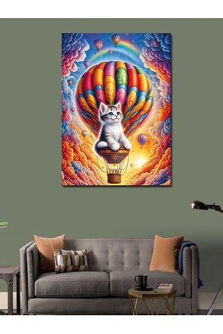 Kanvas Tablo Uçan Balon Yolculuğu Ve Kedi 100cmx140cm