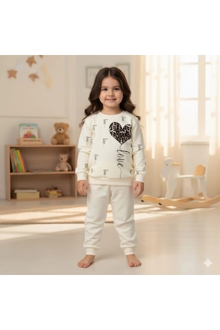 Kız Çocuk Leopar Desenli Kalp Baskılı Alt Üst İkili Gündelik Takım 1-4 Yaş Ekru