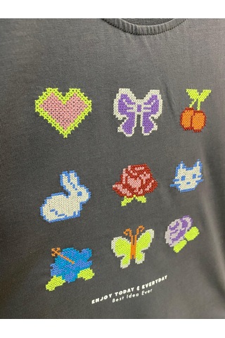 Aysbebe Nakış Desenli Kız Çocuk Tişört Füme 8920