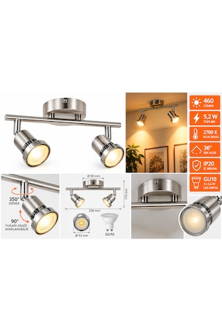 2 Li Gu10 Led Spot Aydınlatma Armatürü 2 2,6 W 460 Lümen 2700k Sıcak Beyaz Ampul Dahil Krom