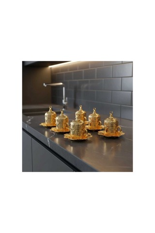 Türk Kahvesi Fincan Takımı Lale Desenli 6 Parça Metal Gold Lalezar Model Altın