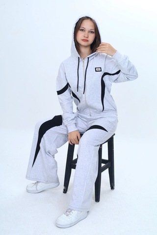 Kız Çocuk %100 Pamuk Garnili Kapüşonlu Fermuarlı Oversize Alt&üst Trend Eşofman Takımı-315-eşt-0003 Gri