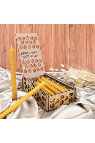 Doğal Balmumu Mum Seti 20 Li 21cm X 1 Cm Kişiye Özel Ahşap Kutulu - %100 Doğal
