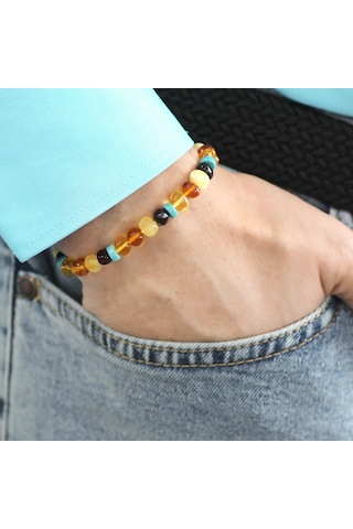 Multicolor Renk Firuze Doğaltaş Süslemeli Natural Form Doğal Damla Kehribar Erkek Bileklik Beyaz - Çok Renkli