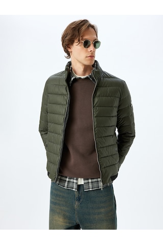 Koton Dik Yaka Etiket Detaylı Lateks Kumaş Slim Fit Şişme Ceket Haki 5wam20029hw Haki