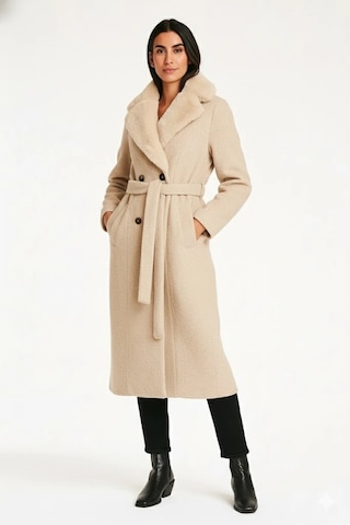 Kadın Kahverengi Bukle Kumaş Uzun Kaban Büyük Yakalı Kışlık Palto Teddy Kaban Taş