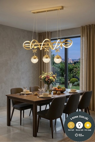 Kuzey Yemek Masası Modern 3 Renk Kumandalı Gold Avize - Salon Yemek Masası Aydınlatma