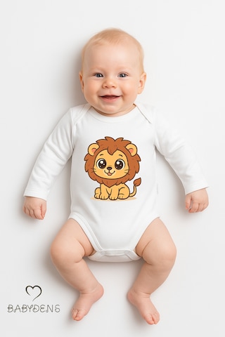 Babyden's Sevimli Hayvan Figürlü %100 Pamuk Uzun Kollu Çıtçıtlı Bebek Body Aslan Beyaz