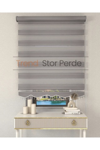 Geniş Plise Gri Boncuklu Zebra Stor Güneşlik Perde Opak Gri