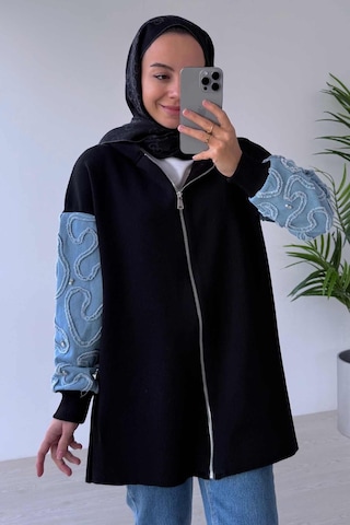 Ka Hijab Kolları Kot Detaylı Triko Hırka - Siyah Siyah