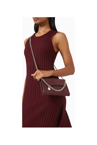 Stella Mccartney Mini Falabella Matte Shaggy Deer, Koyu Kırmızı Vegan Deri, Lüks Crossbody Çanta Omuz Çantası