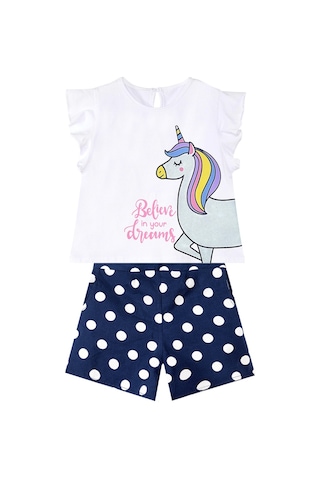 Denokids Sim Unicorn Kız Çocuk T-shirt Poplin Şort Takım Çok Renkli