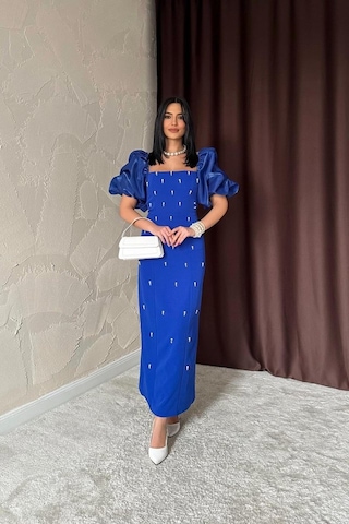 De'charme Saks İşlemeli Kolu Garnili Elbise Saks Mavi