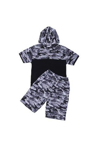 Fyk Kids Erkek Çocuk Kapüşonlu Kamuflaj Desenli Kapri-sweatshirt Alt Üst Takım Gri