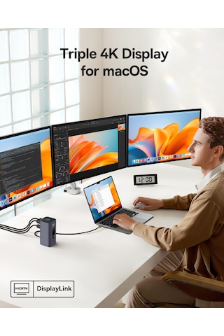 Baseus Docking Station Spacemate Serisi 11'i 1 Arada Yerleştirme İstasyonu, 3 Monitör, 2 X Hdmı 1 X Dp 4k 60hz, 3 X Usb-a/c 10 Gbps, 1 Gbps Ethernet, 100 W Pd