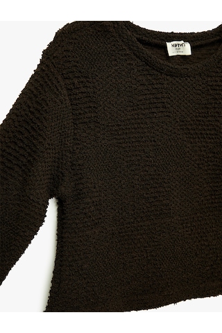 Koton Bisiklet Yaka 3/4 Kollu Dokulu Sweatshirt Kahverengi 6wkg10537ak Kahve