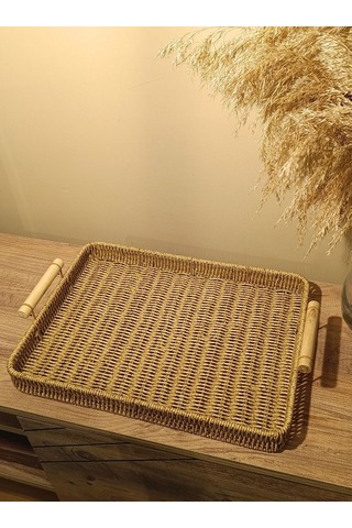 Hasır Rattan Sunum Tepsi Geniş Organizer Bambu Kulplu Dikdörtgen Diğer