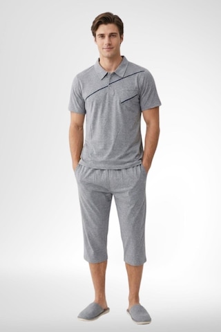 Mecit Pijama Mecit 4007 Gri Büyük Beden Pamuklu Kapri Erkek Pijama Takımı