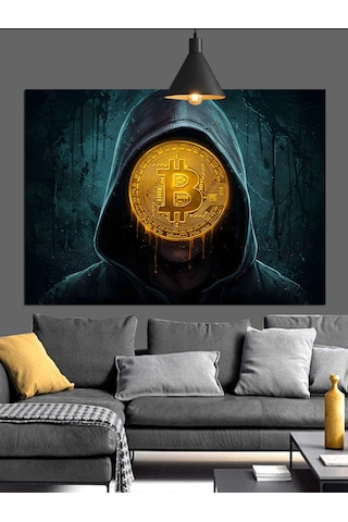 Bitcoin Sembolü Kapüşonlu Gizem Dekoratif Kanvas - Mdf Ahşap Tablo